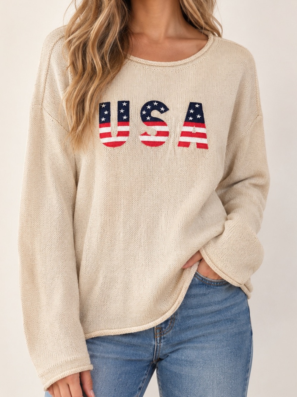 Marled Reunited Cream USA American Flag Knit Sweater Patriotic Pullover. Size M